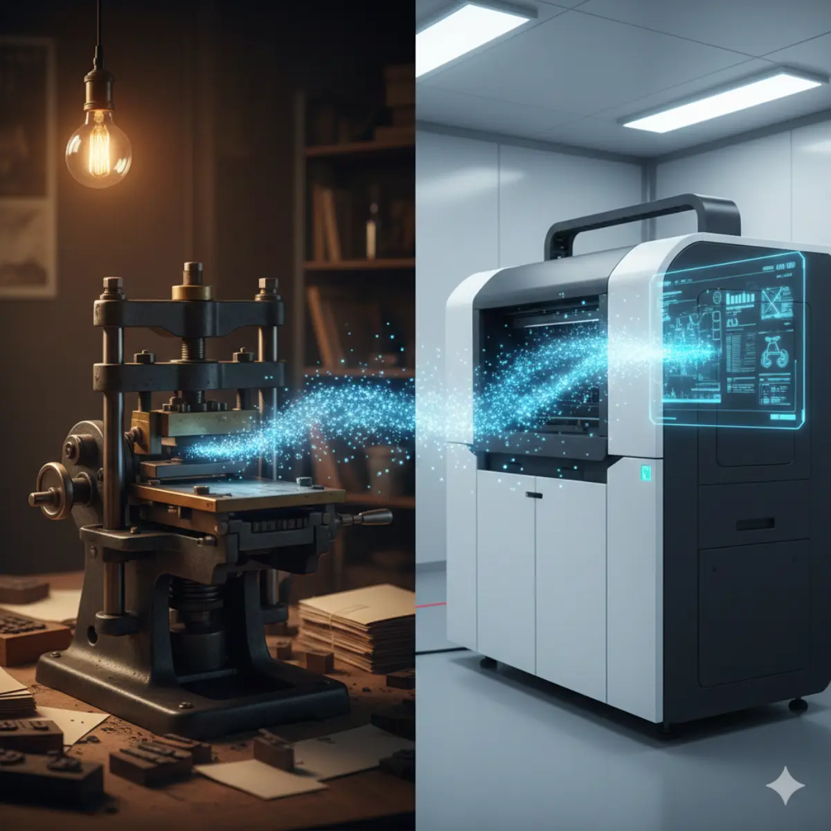 A split image showing an old printing press on one side and a modern digital printer with a glowing digital interface on the other
